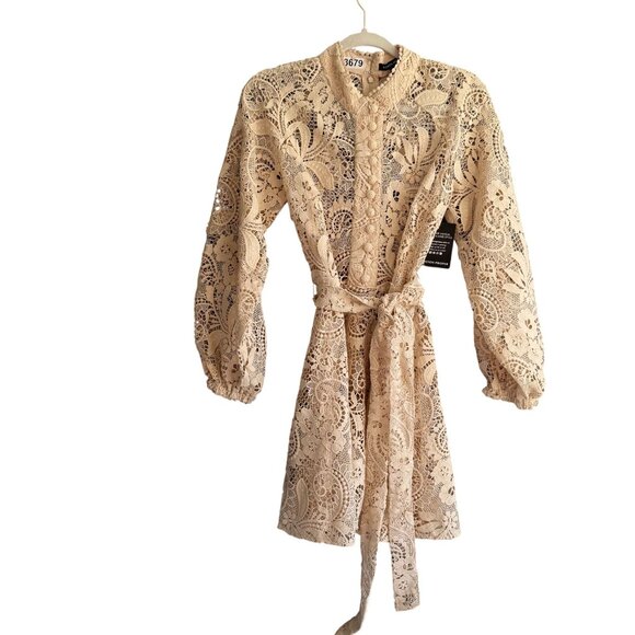 NWT Boston Proper Sheer Lace Belted Button Front Dress Women's 8 Beige - Picture 2 of 14